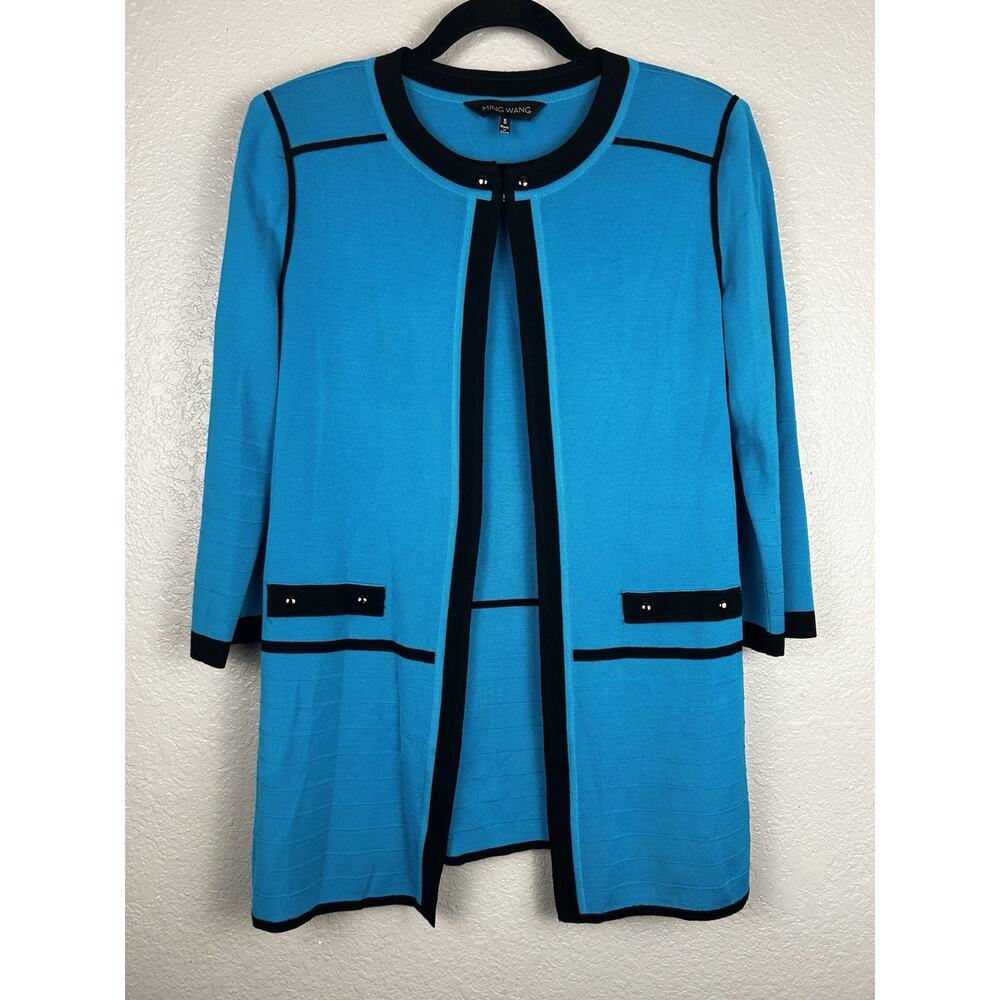 Ming Wang Blue Black Trim Open Front Hook Closure Knit Cardigan Size Small